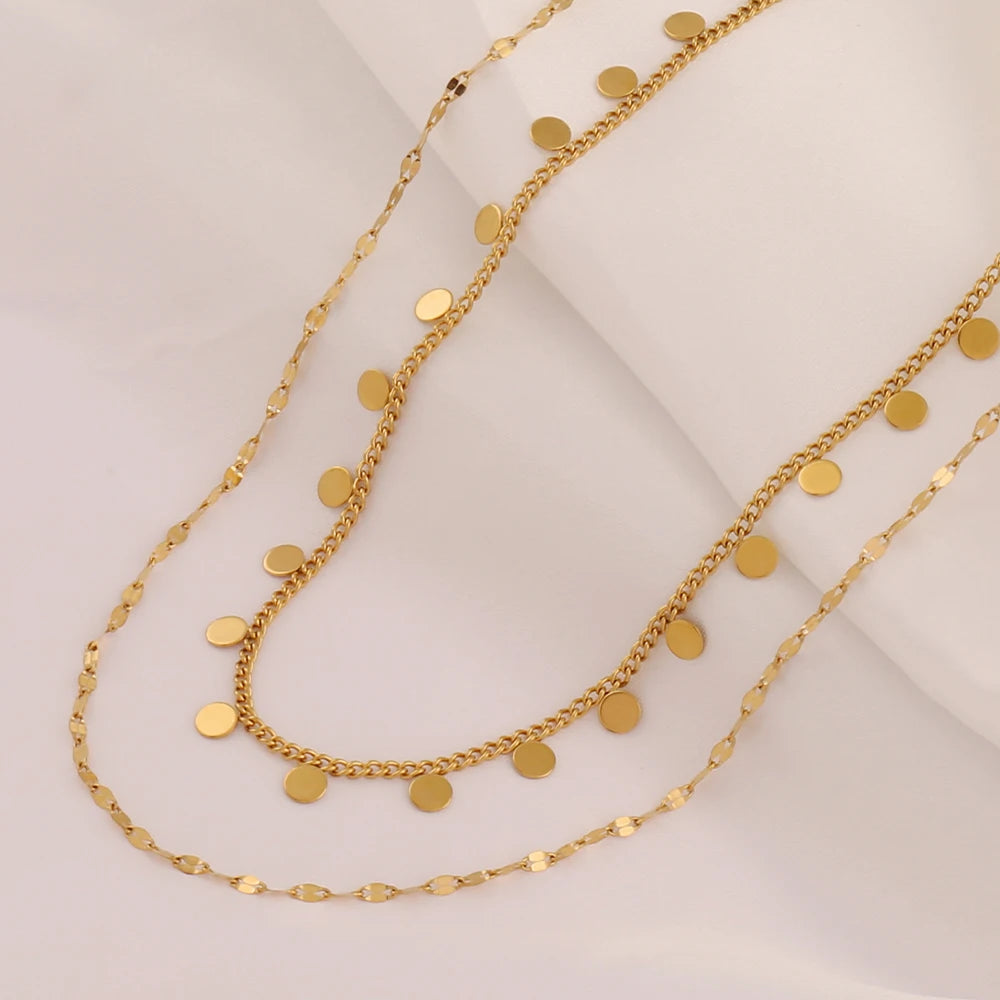 316L Stainless Steel Double Layered Round Coin Pendant Necklace For Women Fashion Simple Lip Chain Necklaces Female Jewelry Gift