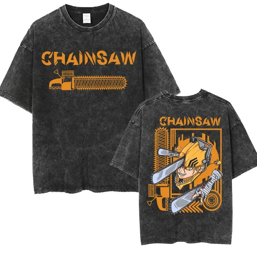 تي شيرت مطبوع عليه Power Print T-shirt Chainsaw Man Reze Arc Anime Men Women بأكمام قصيرة من القطن بتصميم عتيق مغسول ومقاس كبير من Harajuku كاجوال