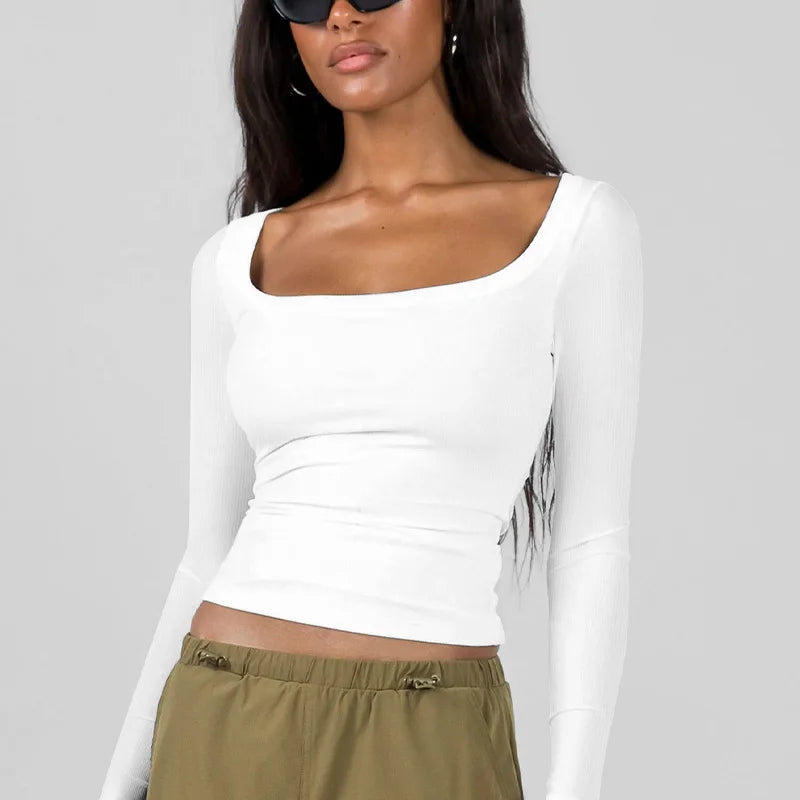 تيشيرت نسائي بأكمام طويلة ورقبة مربعة - لون موحد، مناسب للإطلالات الكاجوال، مثالي لفصلي الخريف والربيع، وصل حديثًا لعام 2025