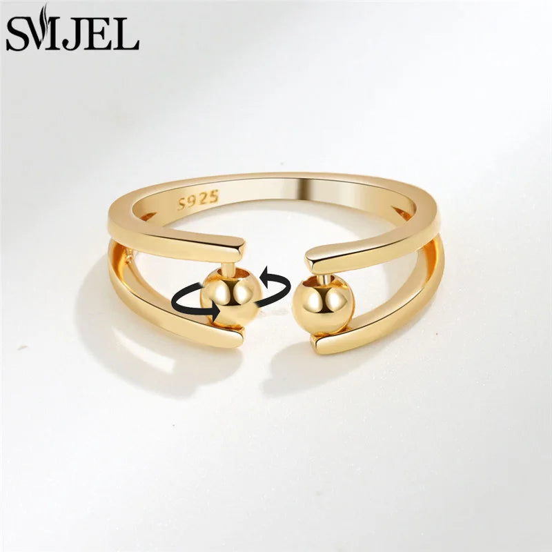 Fashion Anxiety Fidget Rings Adjustable for Women Simple Gold Color Round Beads Rotate Freely Ring Jewelry Anti Stress Gifts