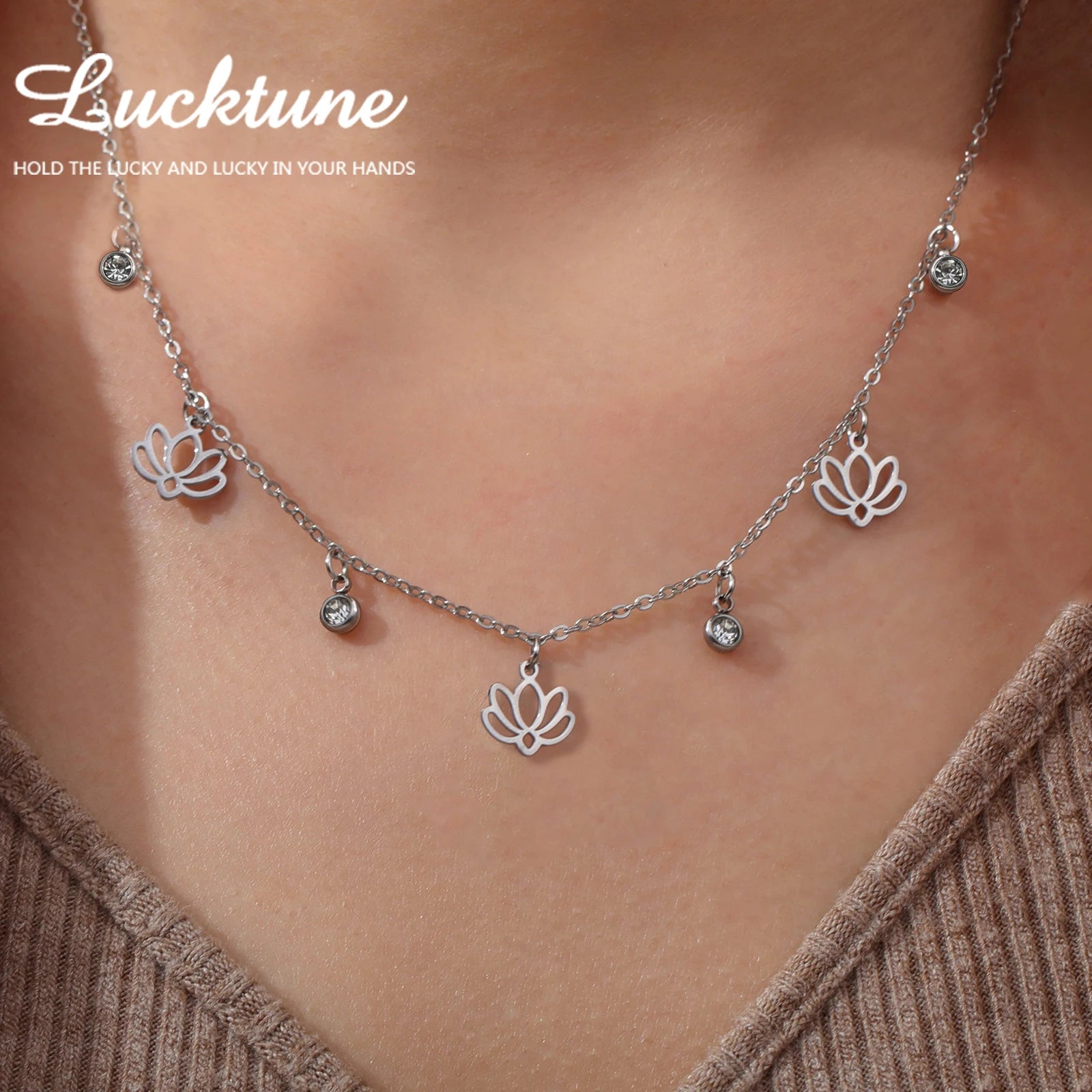 Lucktune Lotus Flower Zircon Pendant Necklace for Women Bohemian Stainless Steel Choker Chain Necklace Jewelry Birthday Gift New