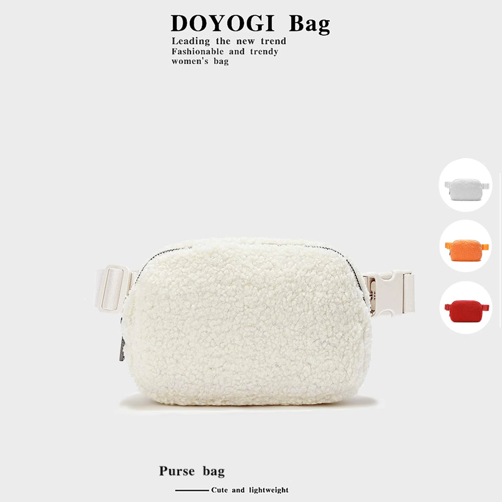 حقيبة حزام من الصوف الشتوي لكل مكان حقيبة كروس بودي نسائية بيضاء حقيبة خصر صغيرة بحزام قابل للتعديل (عاجي)