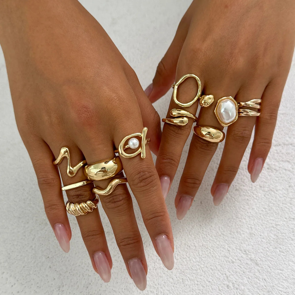 Fashion Gold Color Pearl Geometric Open Rings Set for Women Exaggerated Metal Irregular Adjustable Ring Waterproof Jewelry Gifts