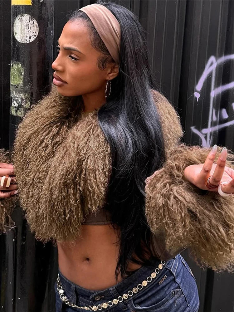 بلوزة قصيرة نسائية من الفرو الغريب بفتحة رقبة على شكل حرف V من البولي يوريثان، أساسية مثيرة، ملابس النادي، بأكمام طويلة، شتوية، مناسبة لـ Y2K