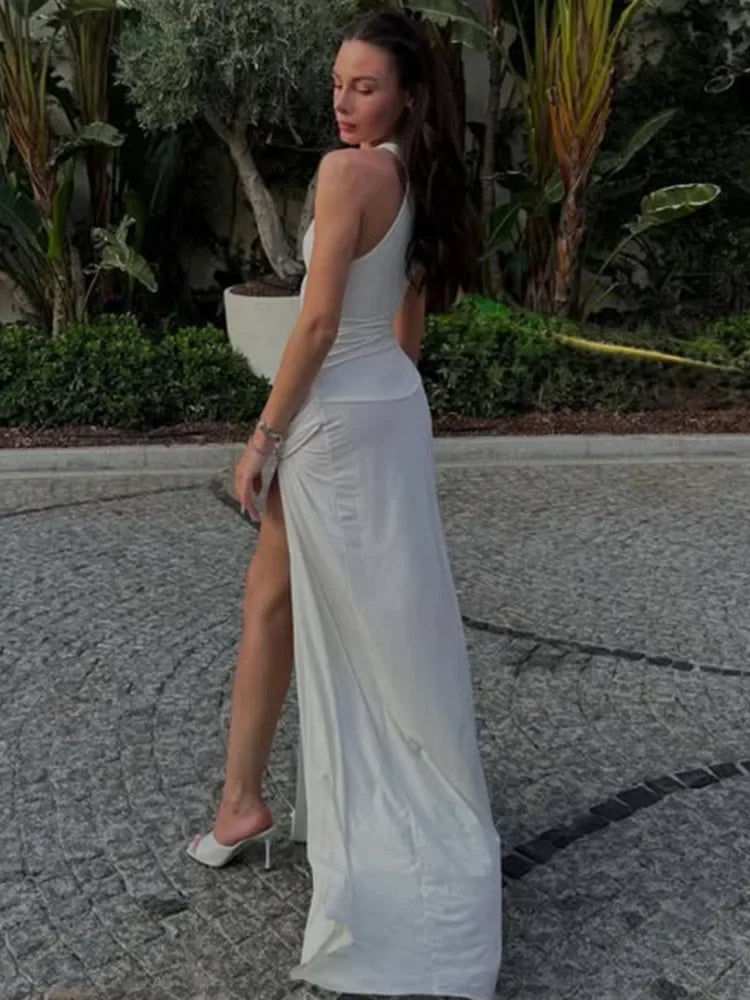 Elegant Split Pleated O Neck Maxi Dress Women Sleeveless Irregular High Waist Fashion Sexy Floor-Length Long Dress