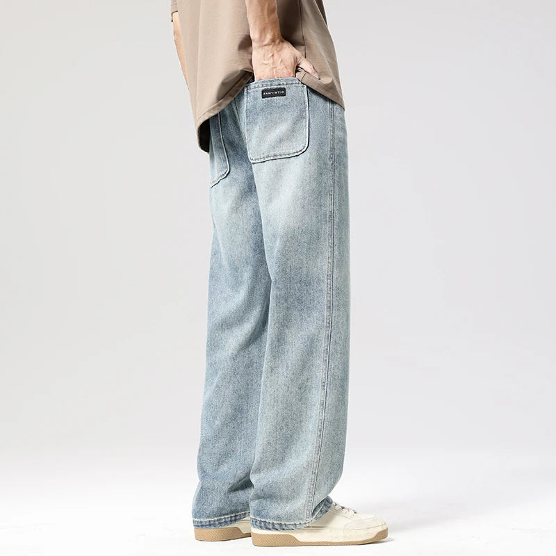 Autumn Casual Men's Straight Jeans Fashion Loose Vintage Elastic Waist Trousers Light Blue Personality Wide Pants Denim Male