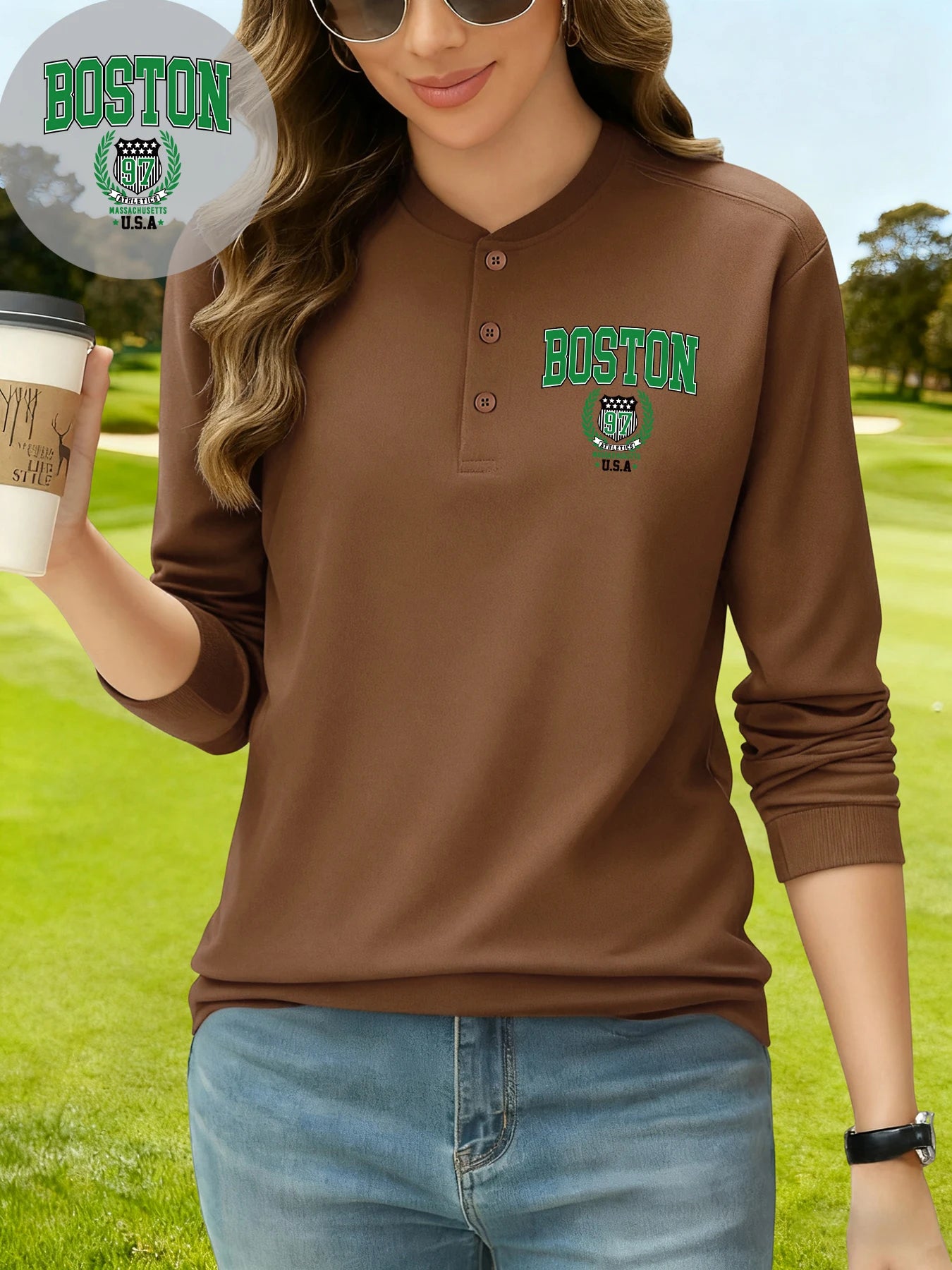 قميص هينلي مطبوع عليه شعار فريق بوسطن 97 للسيدات من يو إس إيه، برقبة هنري، ملابس الشارع العصرية من القطن بأكمام طويلة، تي شيرتات جولف أساسية لفصل الخريف من الهيب هوب