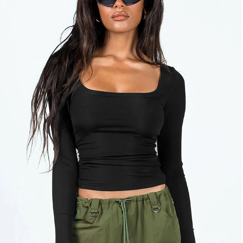 Women's Long Sleeve Square Neck T-Shirt - Solid Color, Casual, Ideal for Fall and Spring, 2025 New Arrival