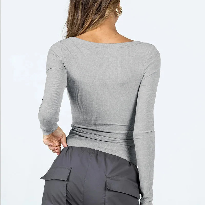 تيشيرت نسائي بأكمام طويلة ورقبة مربعة - لون موحد، مناسب للإطلالات الكاجوال، مثالي لفصلي الخريف والربيع، وصل حديثًا لعام 2025