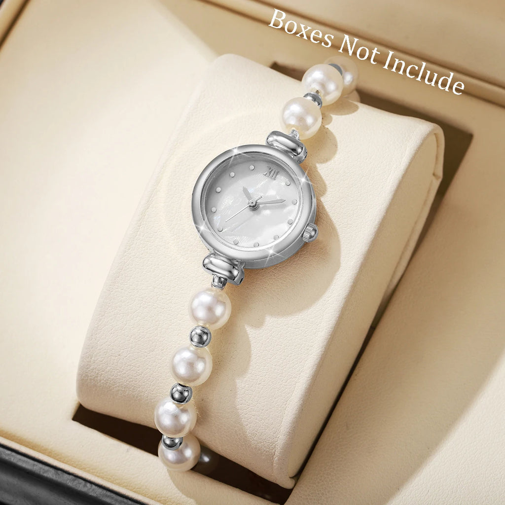 Fashion Small Roma Dial Women Quartz Watch Elegant Pearls Bracelet Strap Wristwatch For Ladies Reloj Mujer（Without Box）