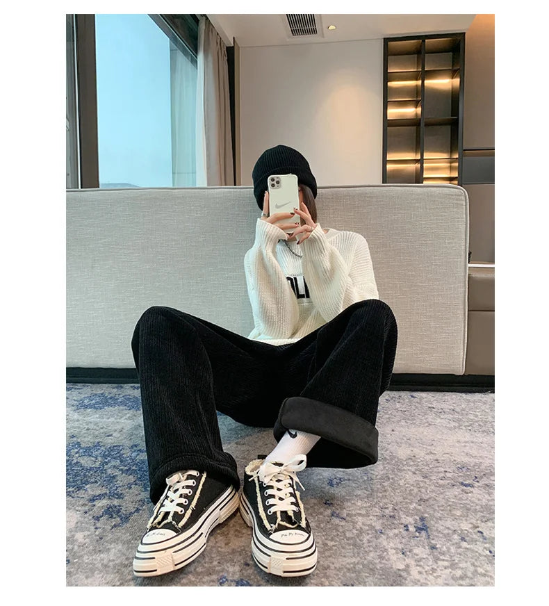 Women's Fleece Wide Leg Pants Winter High Waist Long Pants Loose Casual