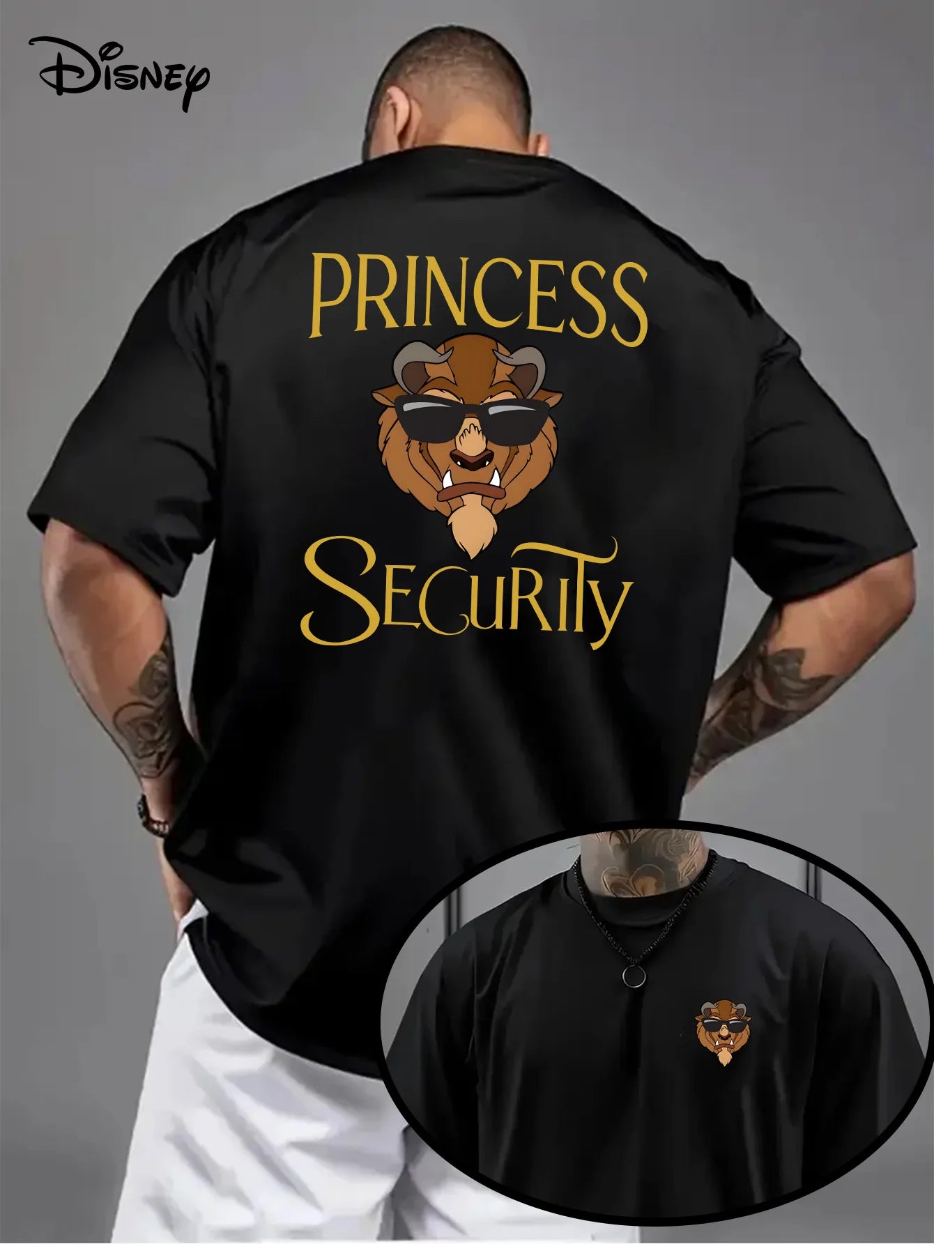 تيشيرت رجالي بنقشة ديزني الجميلة والوحش، مناسب للارتداء اليومي والأنشطة الترفيهية، مصنوع من القطن، بأكمام قصيرة وقصة واسعة.