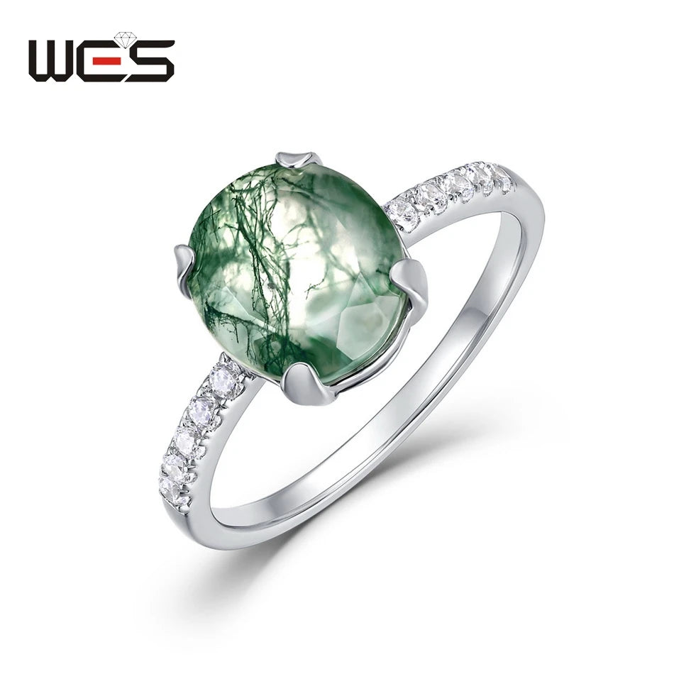 خواتم خطوبة فريدة من نوعها من الفضة الإسترليني عيار 925 من WES مقاس 7*9 مم مصنوعة من العقيق الطحلب الطبيعي للنساء، مجوهرات غابة بوهو، هدية لها بالجملة