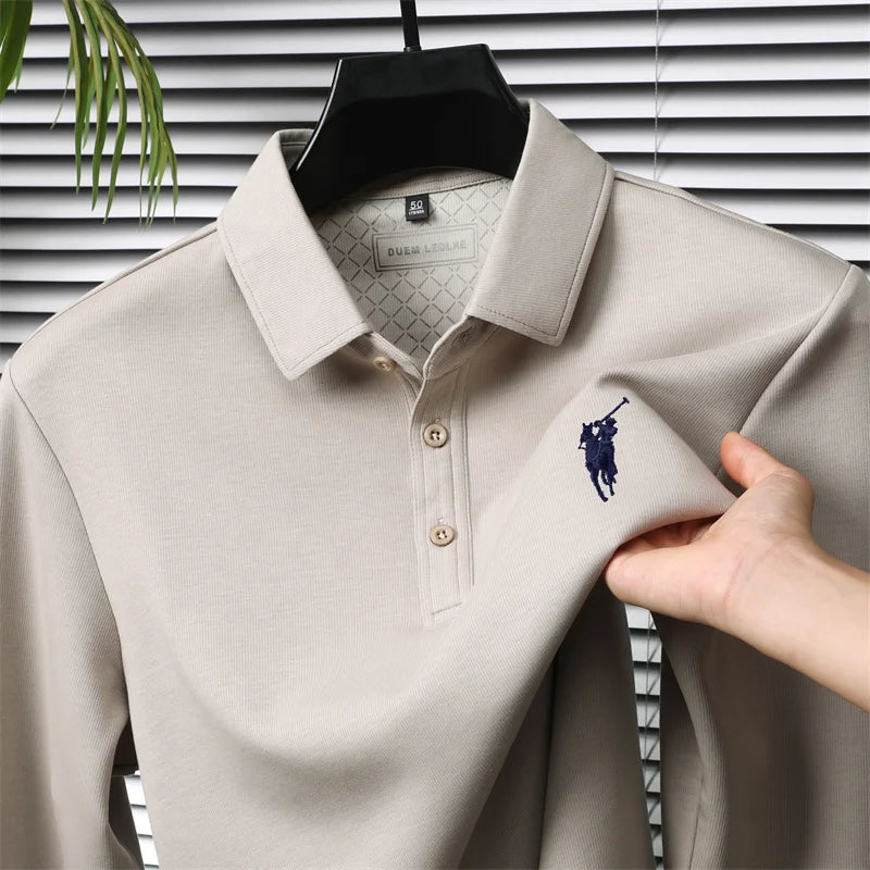 قميص بولو رجالي بأكمام طويلة لخريف وشتاء 2025، قميص بولو كاجوال للأعمال مع شعار حصان صغير
