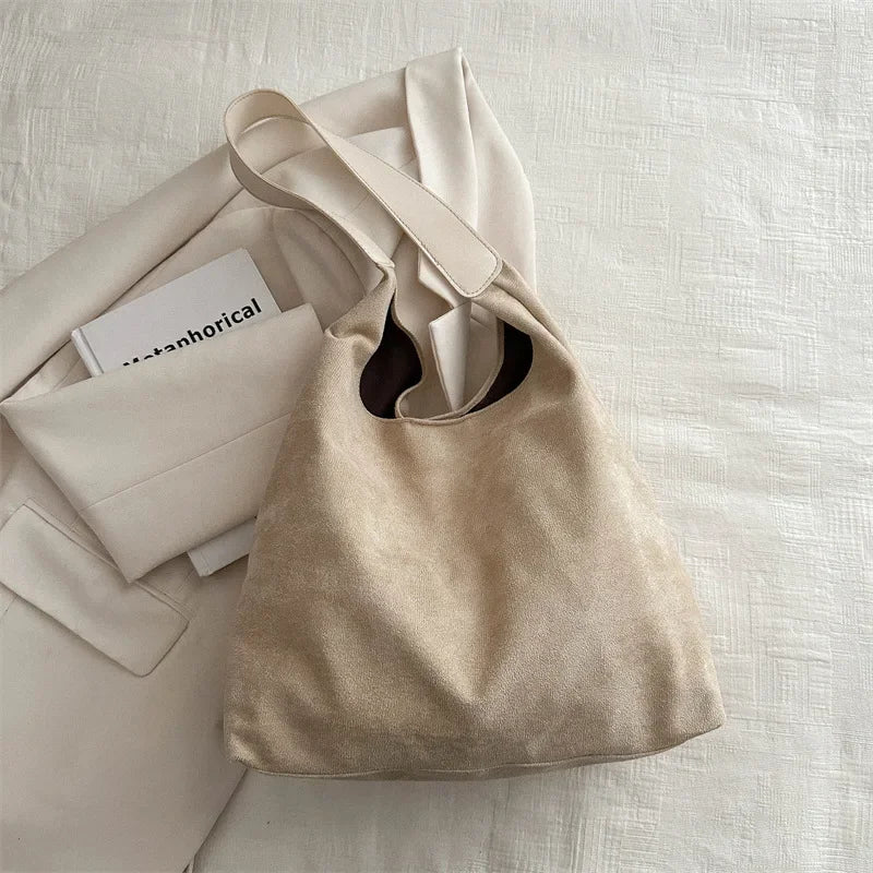 حقيبة نسائية من جلد الغزال الصناعي، حقيبة يد أنيقة بسيطة ذات سعة كبيرة للنساء، حقيبة كتف للتسوق تحت الإبط، حقيبة حمل كلاسيكية بلون سادة