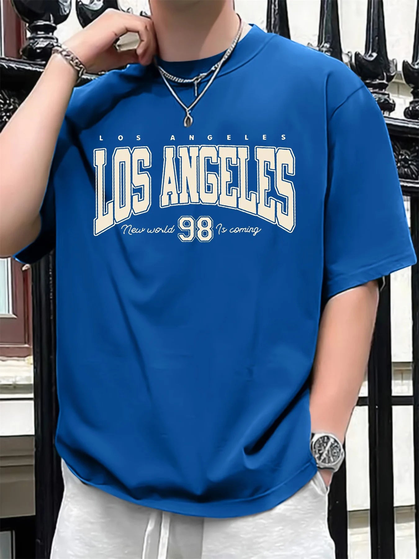 Men's summer 100 cotton fashionable casual loose plus size Los Angeles 98 printed sports round neck short sleeved T-shirt top