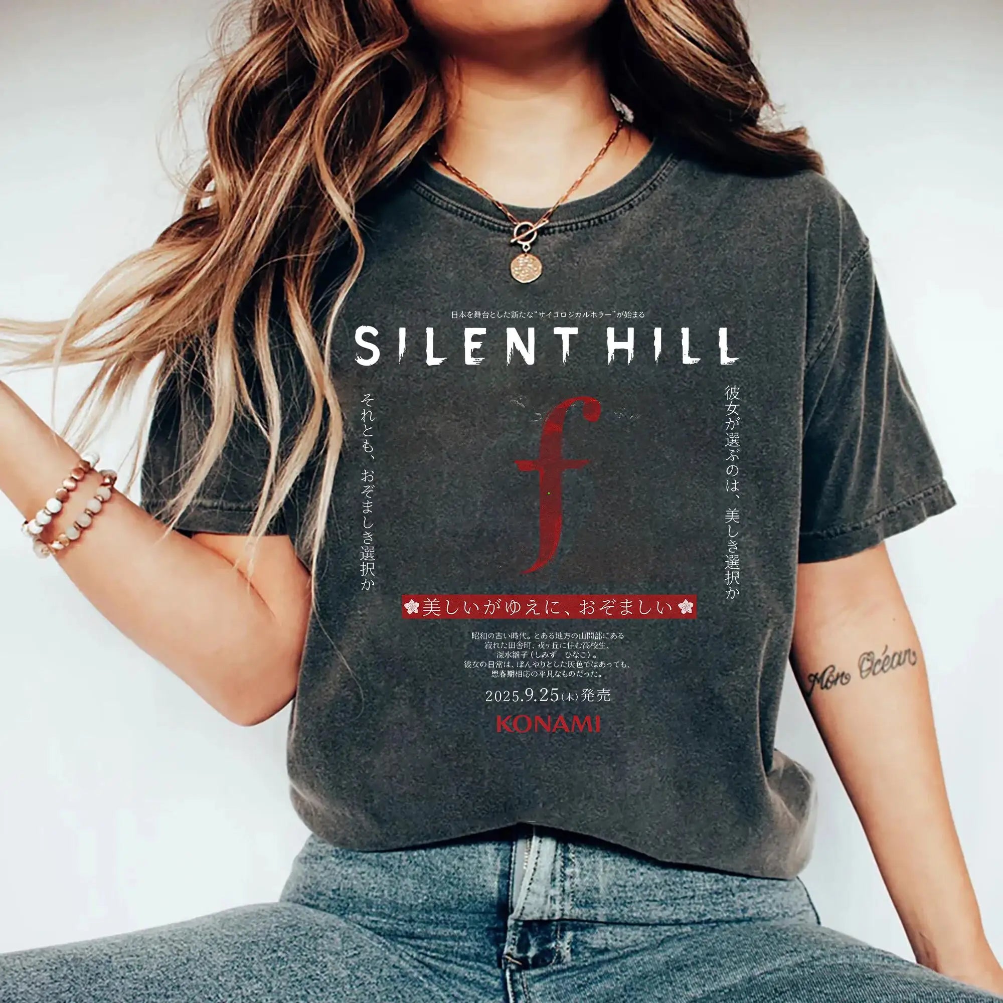 تي شيرت رجالي ونسائي من القطن مطبوع عليه رسومات سايلنت هيل F من لعبة الرعب، من تصميم هوت فينتاج، لمحبي ألعاب الرعب النفسية