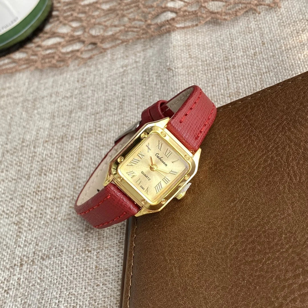 ساعة نسائية صغيرة مربعة المينا، سوار جلدي رفيع، ساعة يد أنيقة كوارتز، ساعة نسائية كاجوال