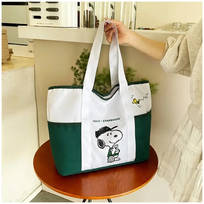 حقيبة قماشية كاجوال كبيرة الحجم مطبوعة عليها صورة سنوبي كرتونية جديدة من MINISO، حقيبة يد عصرية للطلاب بكتف واحد