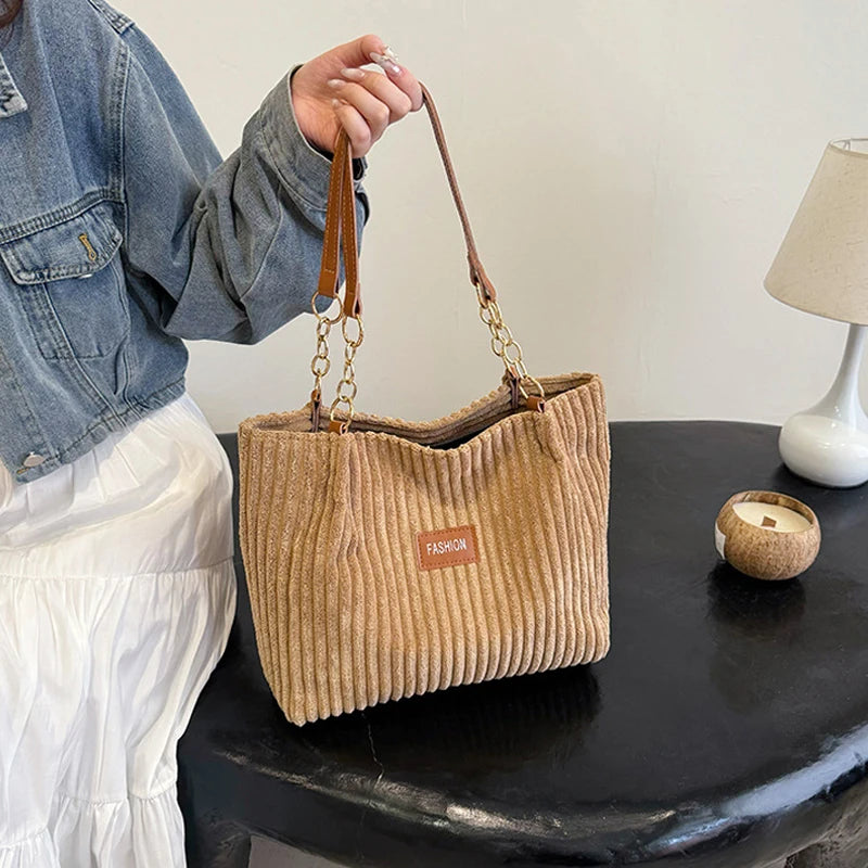 حقيبة توت أنيقة من قماش مخملي بلون واحد، حقيبة كتف نسائية كاجوال للتنقل والعمل، حقيبة تسوق