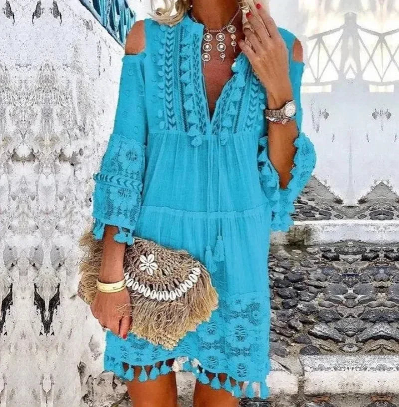 Spring Large Size Women Dress Lace White V-neck Lace Tassel Casual Dresses Female New Casual Elegant Fashion Ladies Clothes
