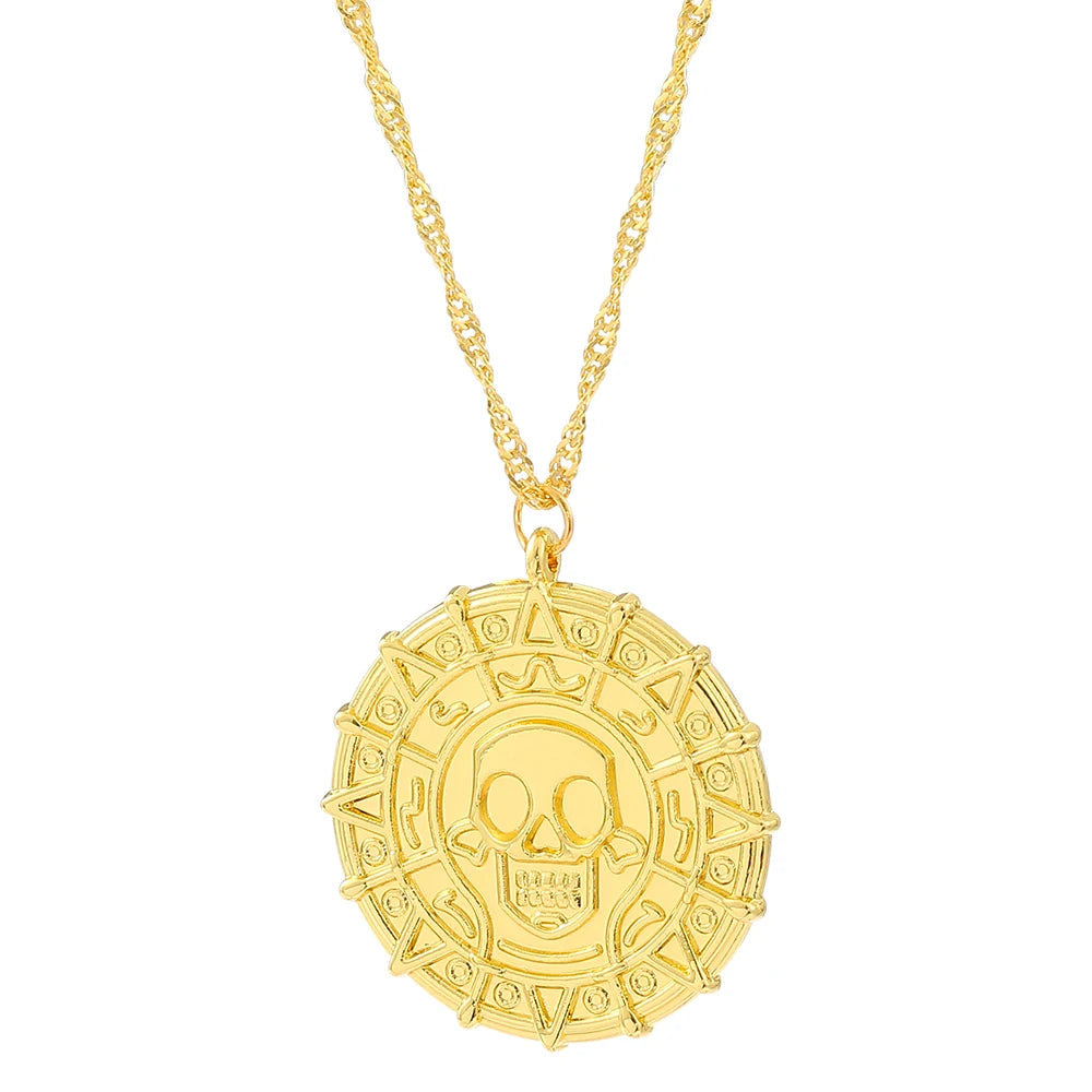 قلادة قراصنة الكاريبي من Akg Aztec Gold Color Coin قلادة جمجمة ريترو قلادة بانك هيب هوب
