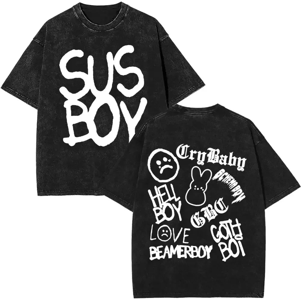 2025 مغني الراب ليل بيب ألبوم موسيقى Bear Crybaby Vintage Washed T Shirts للرجال والنساء هيب هوب فضفاضة بأكمام قصيرة تي شيرتات الشارع