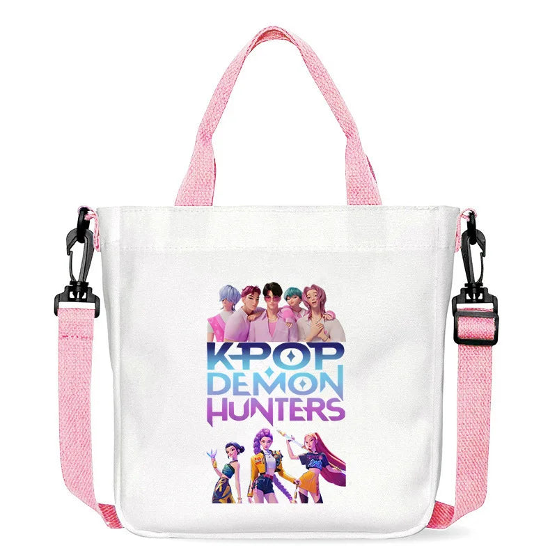 حقيبة قماشية للفتيات بتصميم صيادي أنمي شياطين من كيبوب، حقيبة يد مربعة أرجوانية بسيطة، حقيبة كتف متقاطعة، هدية عيد ميلاد