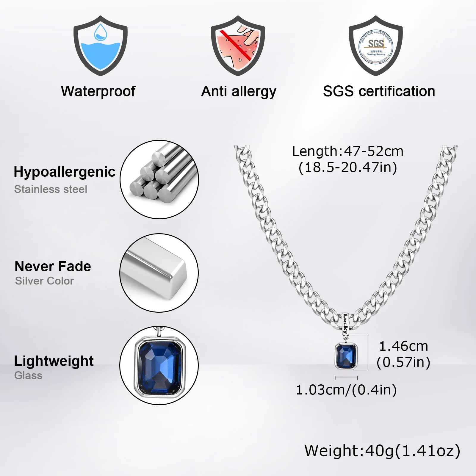 قلادة هيب هوب كوبية سميكة للرجال والأولاد، قلادة من الفولاذ المقاوم للصدأ بكلمات محظوظة مربعة الشكل، هدية عيد ميلاد عصرية