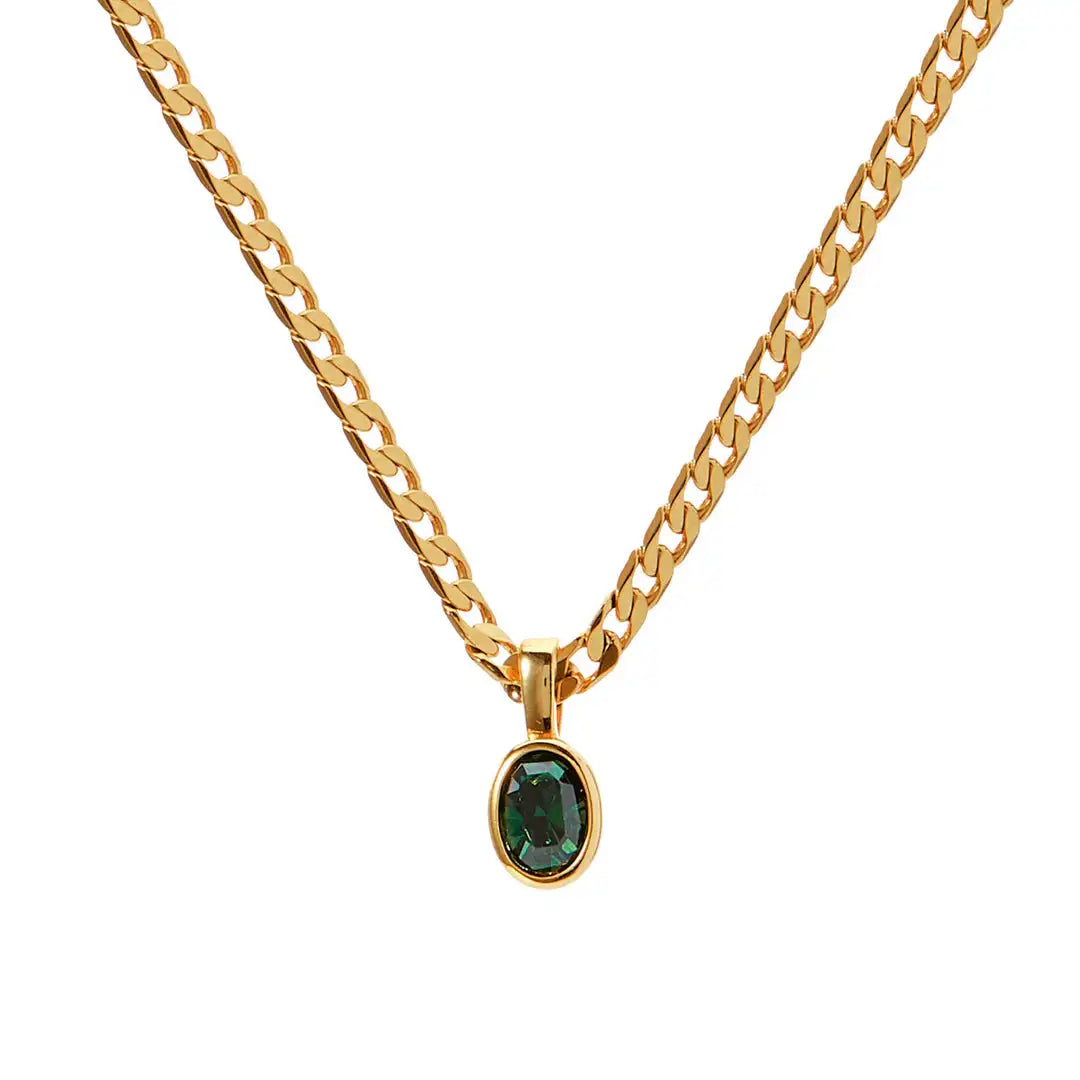 قلادة أنيقة من الفولاذ المقاوم للصدأ على شكل بيضاوي متعدد الألوان من الأحجار الطبيعية للنساء، سلسلة كوبية مطلية بالذهب عيار 18 قيراطًا