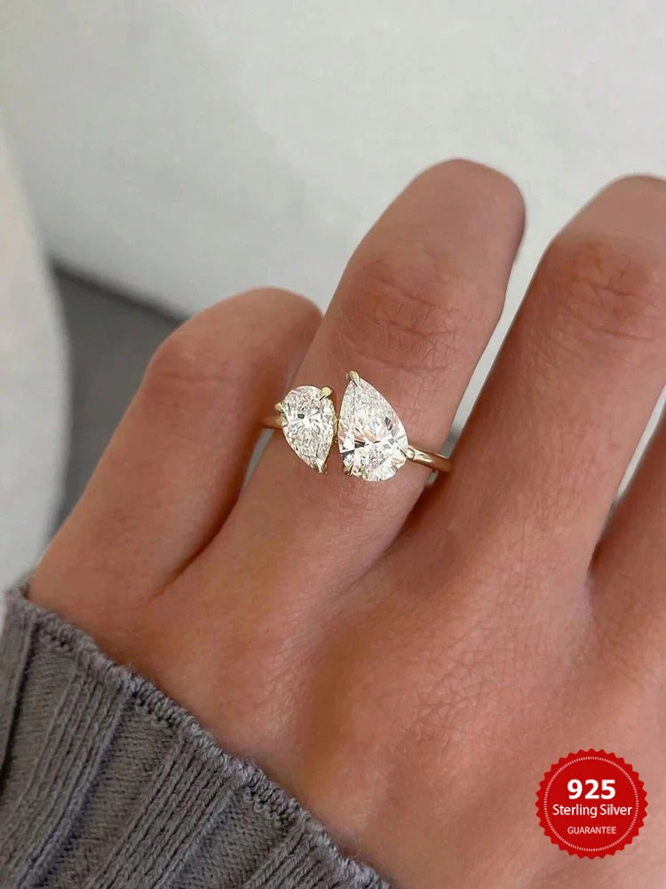 خواتم فضية عيار 925 بتصميم قطرات الماء المتلألئة المتشابكة مع أحجار الكمثرى الشفافة البراقة، هدية مثالية للنساء، مجوهرات فاخرة لحفلات الزفاف