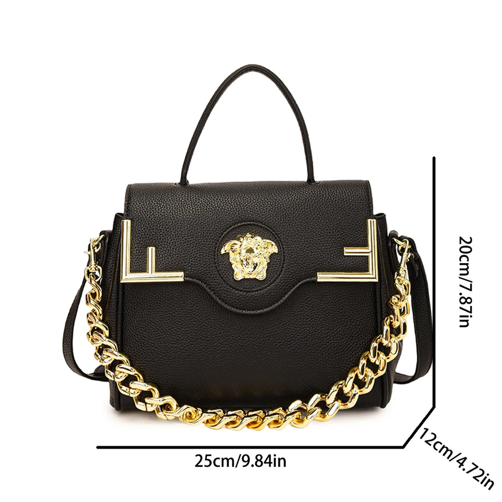 حقيبة يد أنيقة فاخرة مستوحاة من ميدوسا مصنوعة من الجلد الصناعي بسعة كبيرة مزودة بسلسلة مغناطيسية وحزام قابل للتعديل وحقيبة كروس بودي للاستخدام اليومي