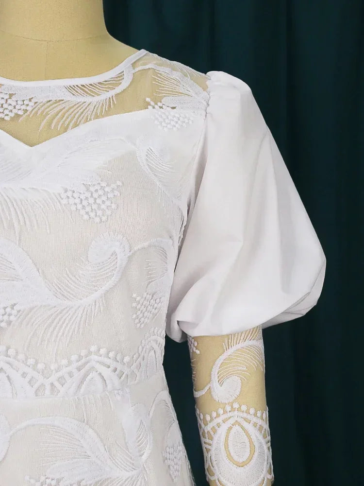 Elegant Women White Lace Dress Puff Sleeve Embroidery Pencil Dress Large Size 4XL Ladies Wedding Birthday Dinner Evening Clothes