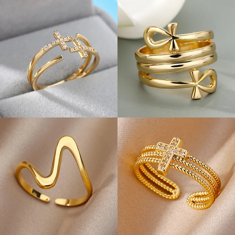 خاتمان متقاطعان من الزركون للنساء، مصنوعان من الفولاذ المقاوم للصدأ، مطليان بالذهب اللامع، خاتم مفتوح جديد فاخر، هدية مثالية لحفلات الزفاف.