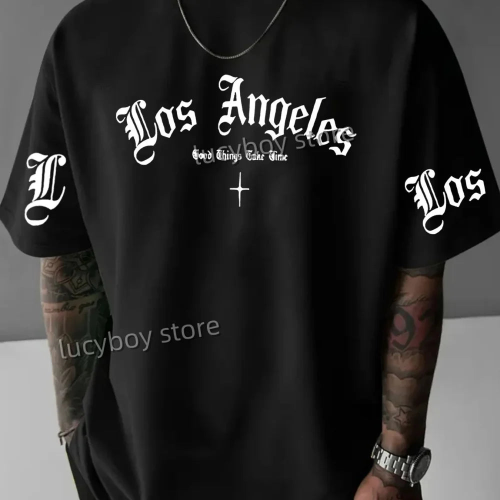تي شيرت رجالي مطبوع عليه شعار لوس أنجلوس 2025، بأكمام قصيرة، ورياضة كرة قدم، ومقاسات كبيرة، ورقبة مستديرة، وملابس رجالية