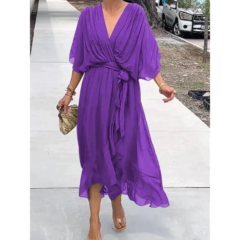 Elegant Chiffon Solid Party Dresses For Women Sexy V Neck Bat Sleeves Lace Up Ruffles Irregular Long Dress Casual Robe Femme