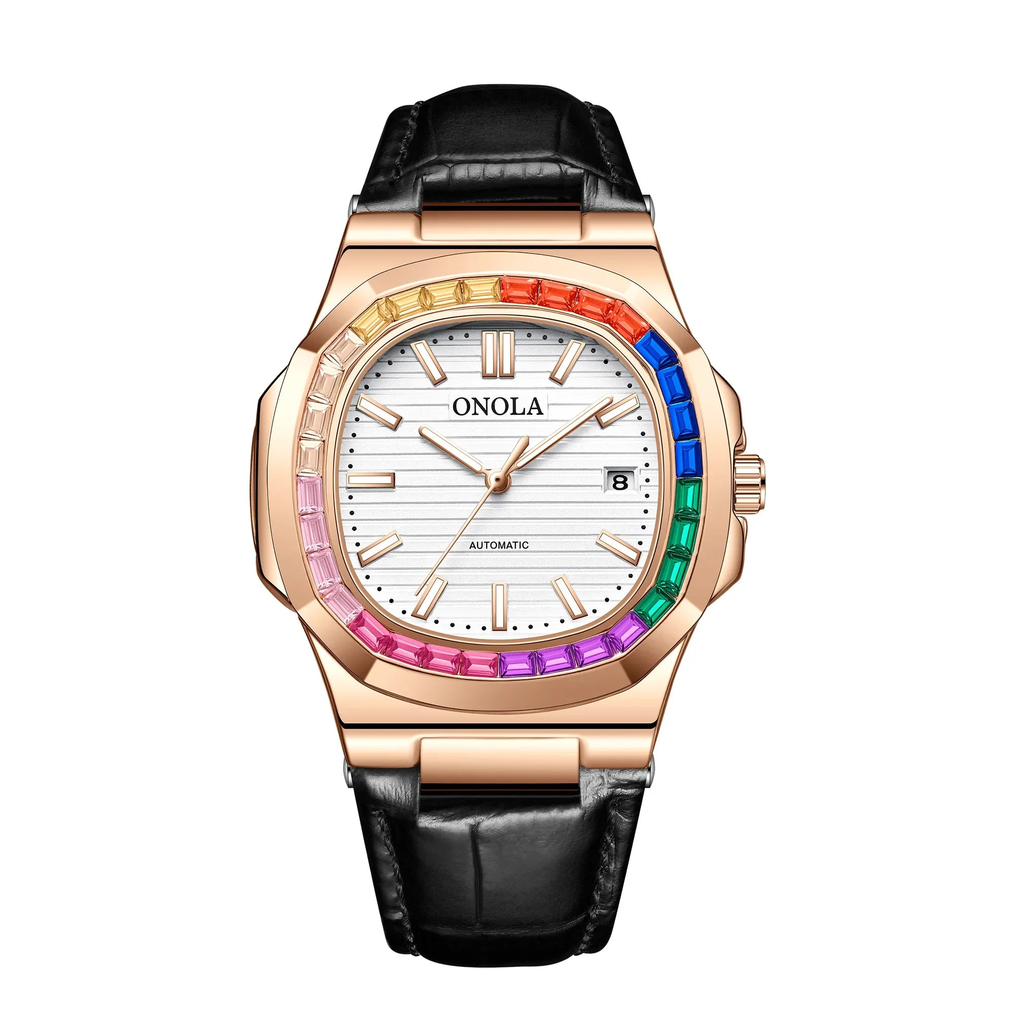 ساعة يد ONOLA للرجال والنساء ميكانيكية أوتوماتيكية بالكامل مرصعة بالألماس الملون، مصنوعة من الجلد المقاوم للماء
