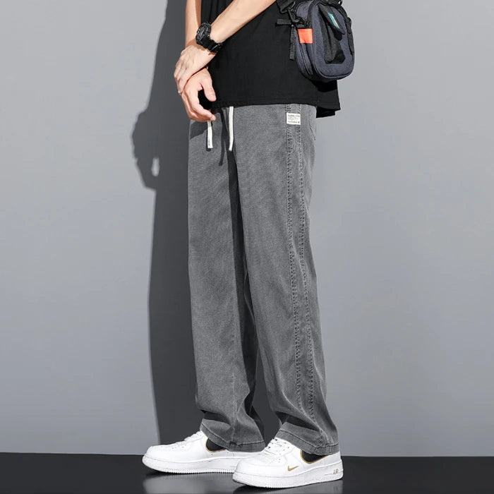 2024 Spring/Summer New Soft Lyocell Fabric Men's Jeans Thin Loose Straight Leg PantsDrawstring Elastic Waist Korean casual pants
