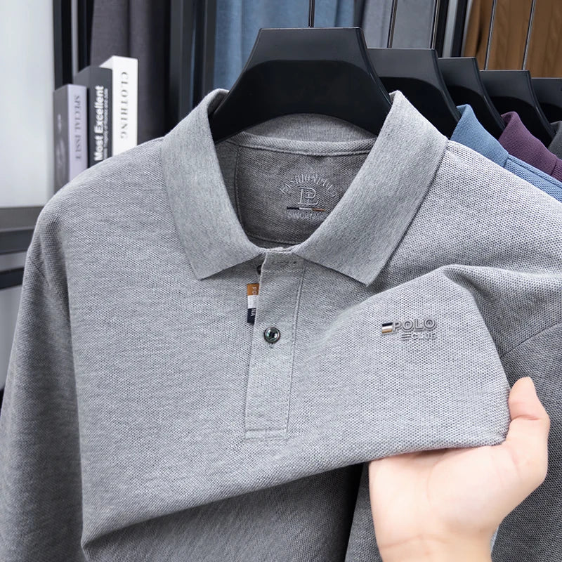 قميص بولو رجالي فاخر عالي الجودة مصنوع من القطن بنسبة 100%، بأكمام طويلة، مطرز بحرف على ظهر السلحفاة، مناسب لفصل الخريف، مناسب لرجال الأعمال