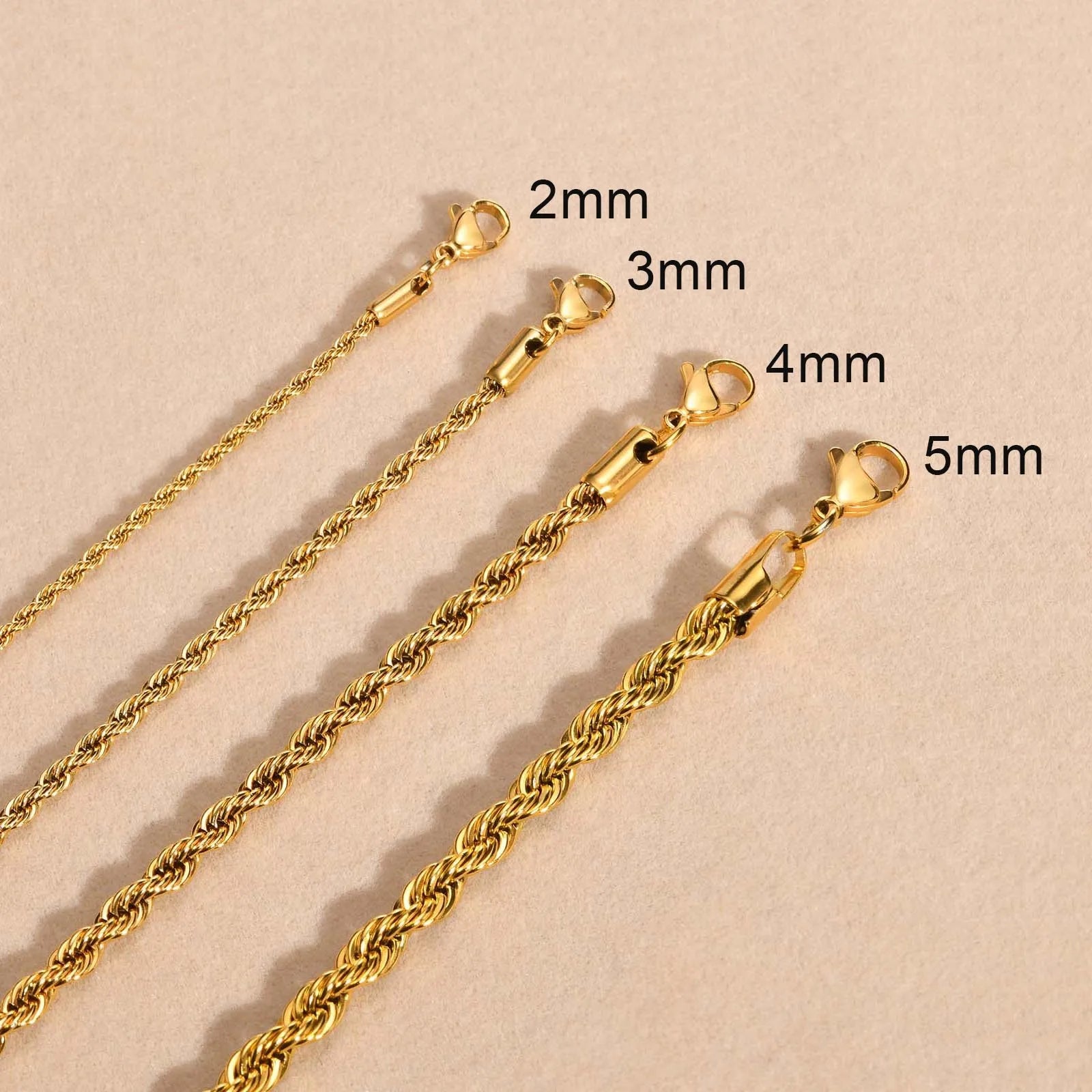 Vnox Dainty Gold Color Rope Chain Necklaces for Women Men,Chic Twisted Collar, Waterproof Stainless Steel Link 2/3/4/5mm Width