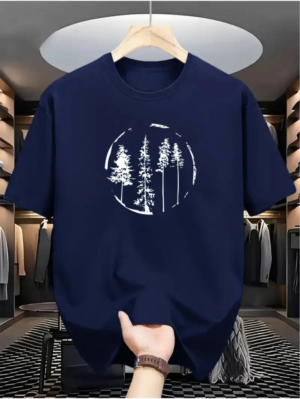 تيشيرت رجالي صيفي عصري فضفاض مطبوع عليه نقشة أشجار الغابة، مصنوع من القطن بنسبة 100%، بياقة دائرية وأكمام قصيرة.