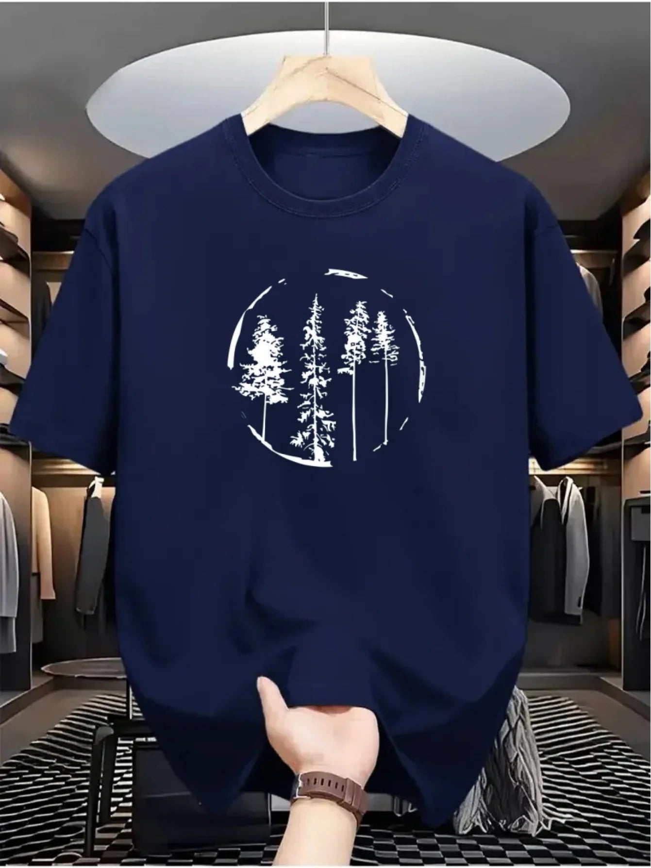 تيشيرت رجالي صيفي عصري فضفاض مطبوع عليه نقشة أشجار الغابة، مصنوع من القطن بنسبة 100%، بياقة دائرية وأكمام قصيرة.