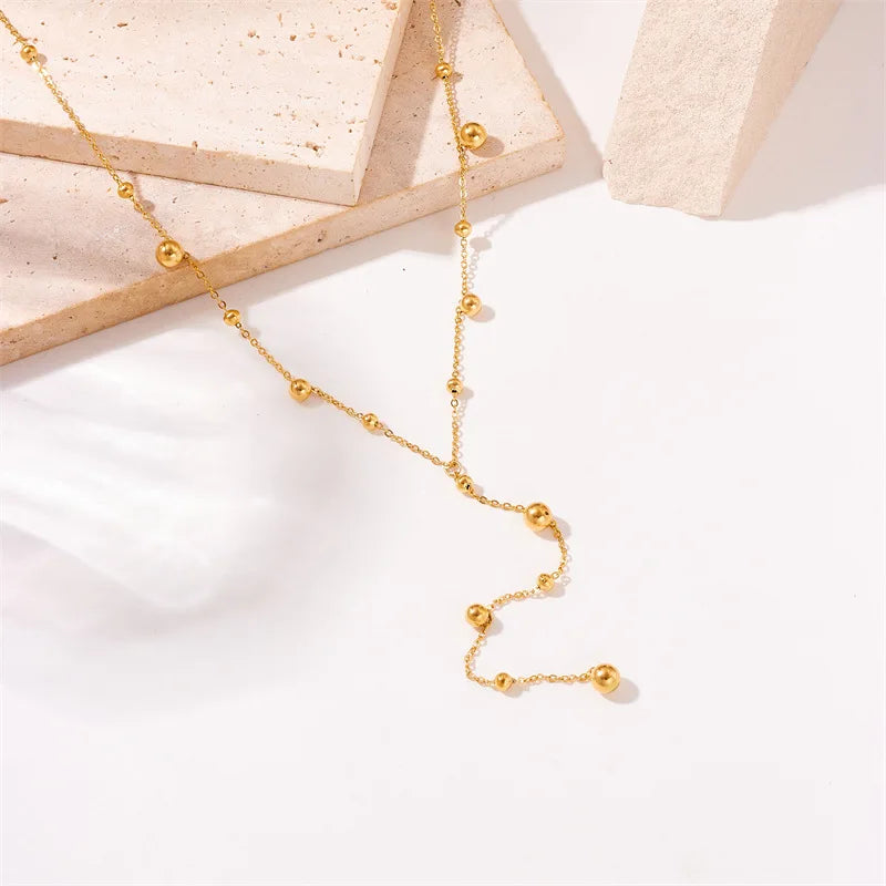 316L Stainless Steel Gold Color Beads Long Pendant Necklace For Women Fashion Choker Clavicle Chain Jewelry Gift Wedding