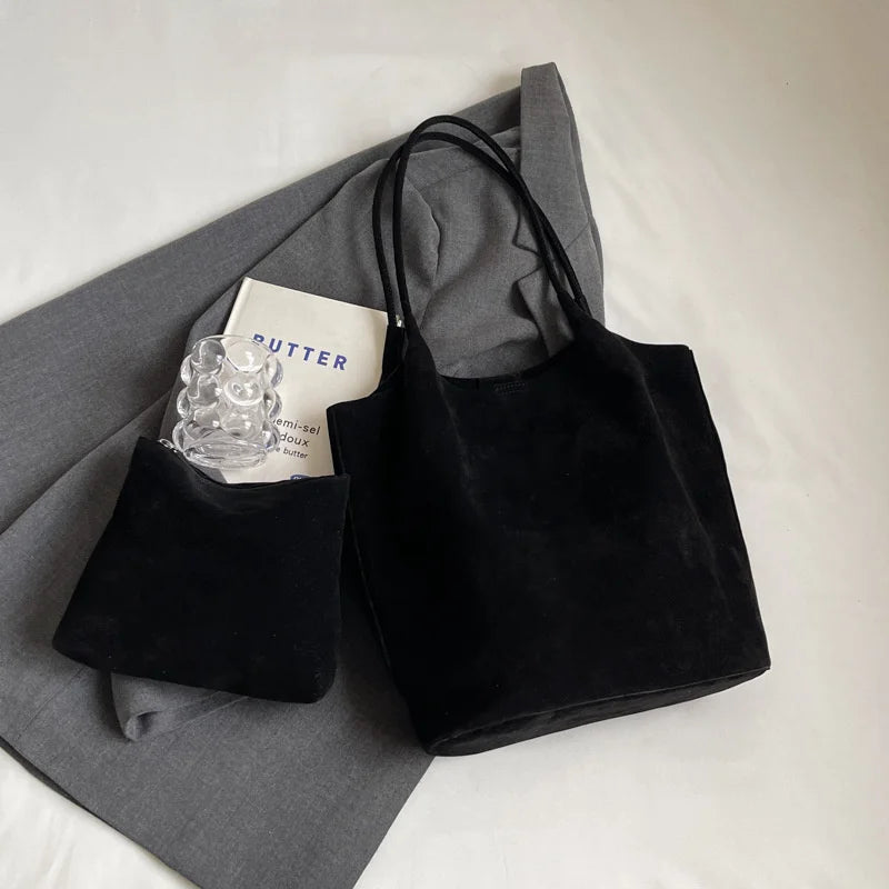 حقيبة كتف نسائية كلاسيكية من جلد الغزال بخيوط الخياطة، متعددة الاستخدامات، بألوان سادة، حقيبة يد كبيرة السعة