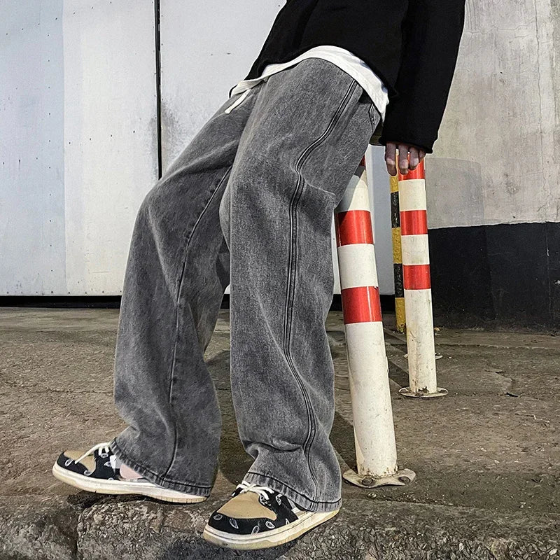 2026New Streetwear Loose Jeans Men Korean Style Fashion Loose Straight Wide Leg Pants Men's Brand Clothing Black Light Blue