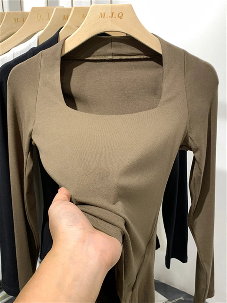 تي شيرت نسائي مرن تي شيرت صيفي ملابس نسائية قميص ربيعي مثير تي شيرت نحيف نسائي قطني بأكمام طويلة قطع علوية قصيرة