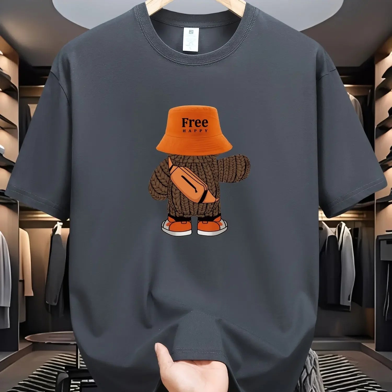 Summer men's  sports casual loose fit plus cartoon pattern printed comfortable round neck short sleeved T-shirt