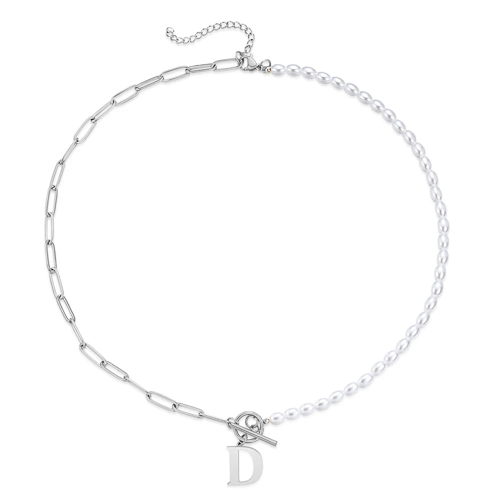 سلسلة مجوهرات جديدة من NIBA مصنوعة من الفولاذ المقاوم للصدأ باللون الذهبي والفضي على شكل حرف أبجدي مرصعة باللؤلؤ للنساء والأزياء النسائية