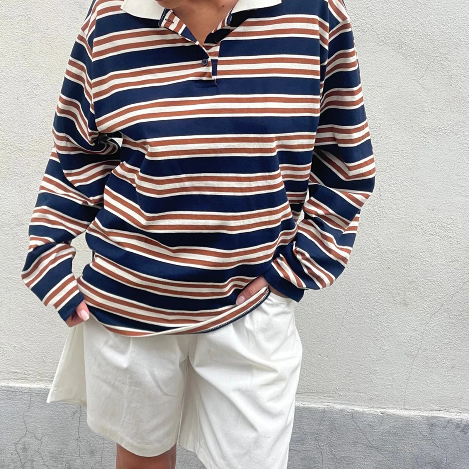 تيشيرت نسائي جديد بأكمام طويلة وياقة مطوية مخططة، مناسب لفصل الخريف، ملابس عصرية للاستخدام اليومي، متوفر الآن بمقاسات SML