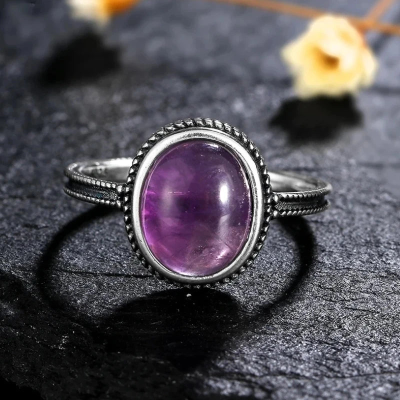 خواتم عتيقة من الفضة الإسترليني عيار 925 مرصعة بحجر الجمشت الطبيعي، بتصميم زهرة، مجوهرات فضية فاخرة بتصميم كلاسيكي، هدايا مثالية للحفلات للنساء والرجال